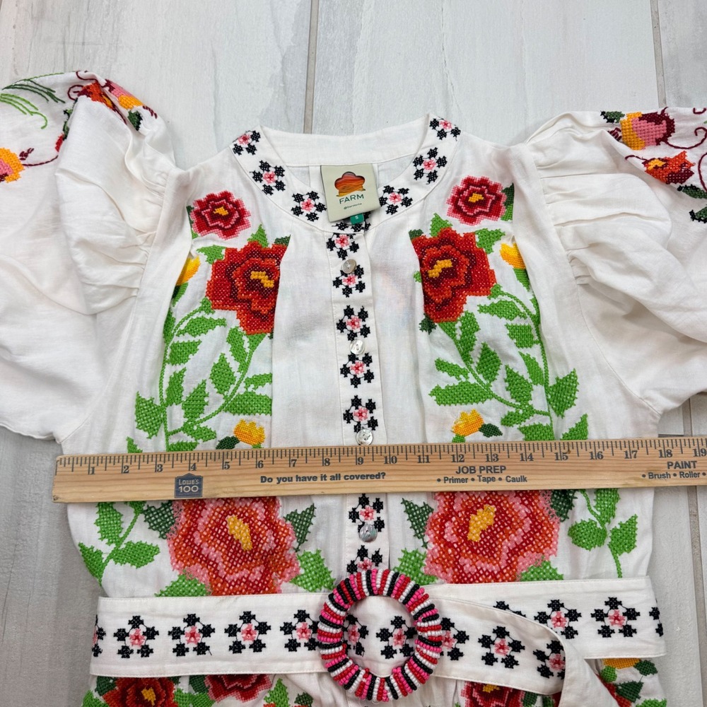 Farm Rio Cross Stitch Floral Linen Blend Mini Dress White Red Size S 318237 - Picture 2 of 9